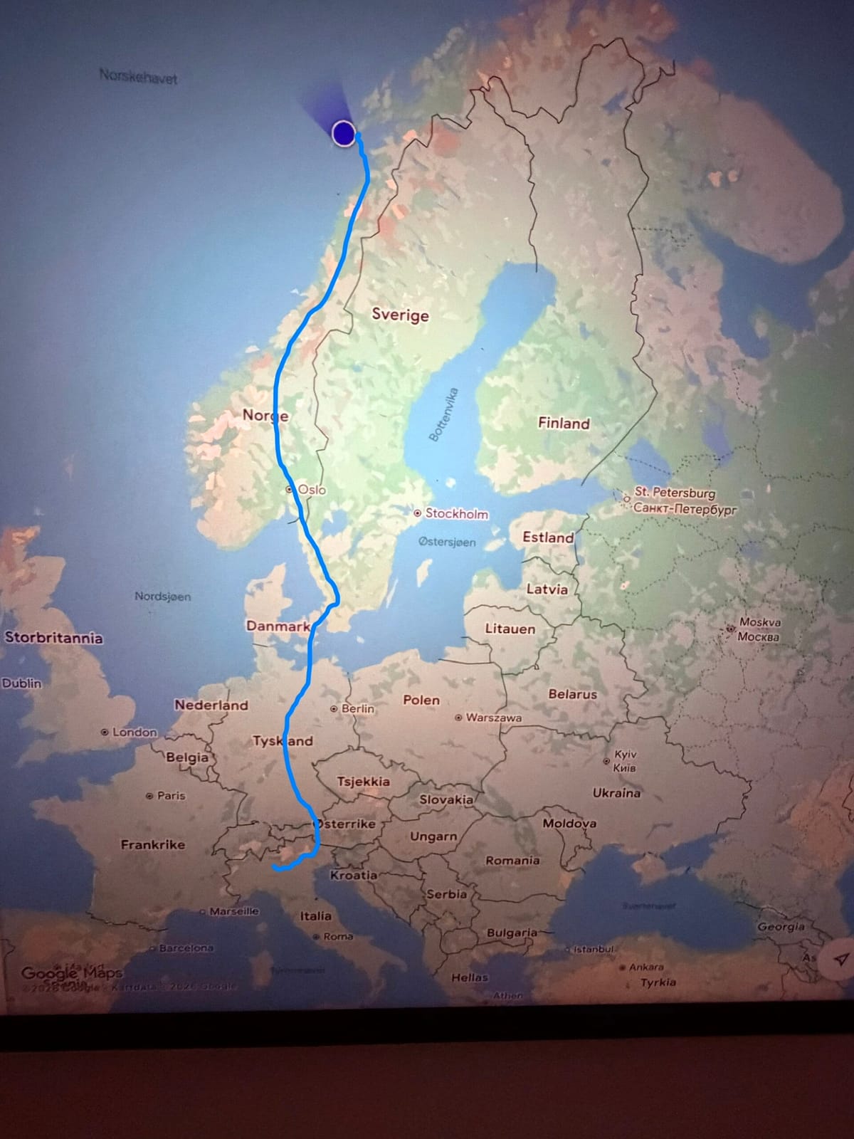 Kart over den planlagte reiseruten